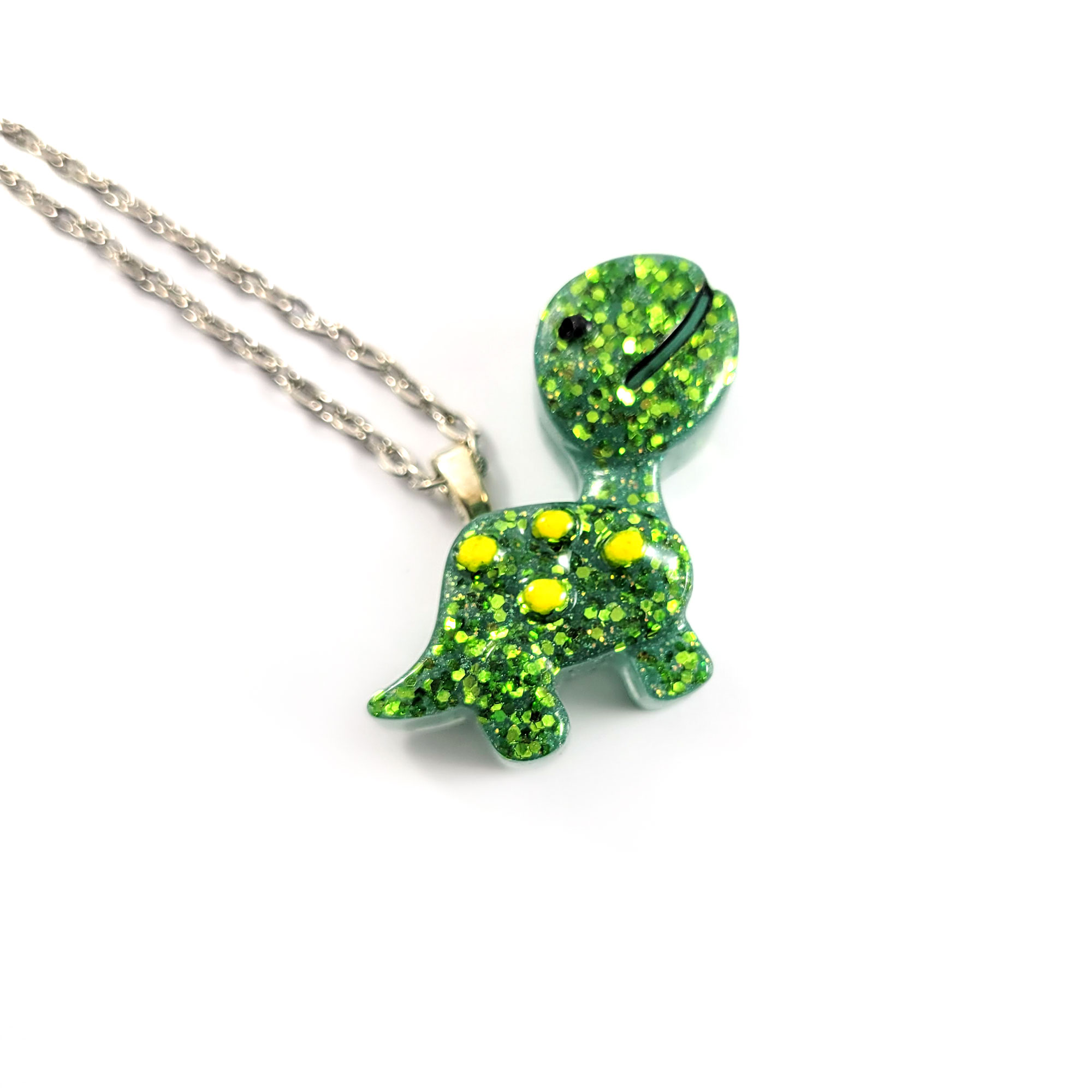 Jurassic Cutie Green Brontosaurus Resin Necklace with Yellow by Wilde Designs