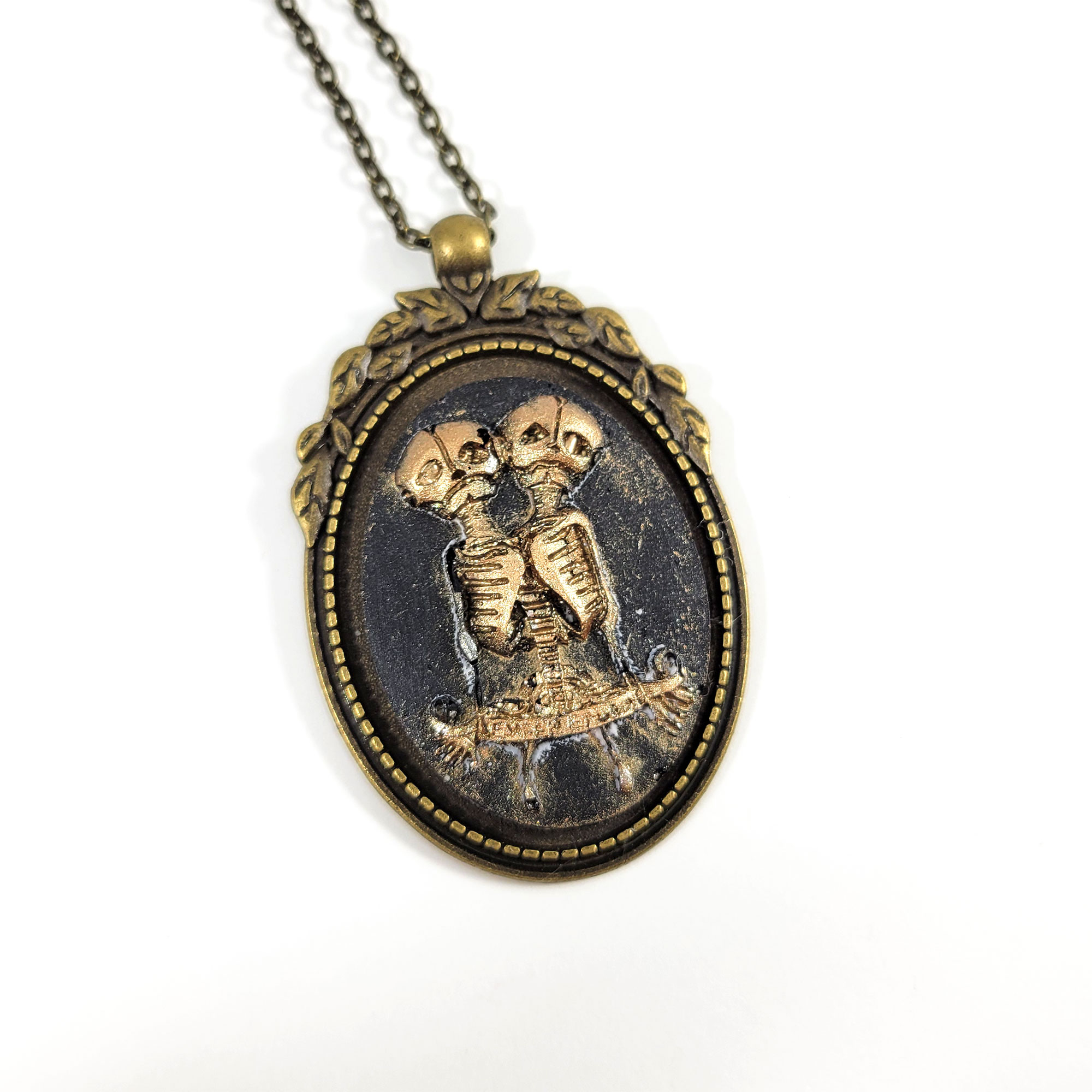 Black & Gold Two Headed Skeleton Cameo Necklace by Wilde Designs