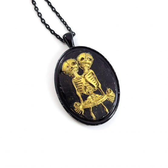Two Headed Skeleton Cameo Necklace in Gold & Black by Wilde Designs