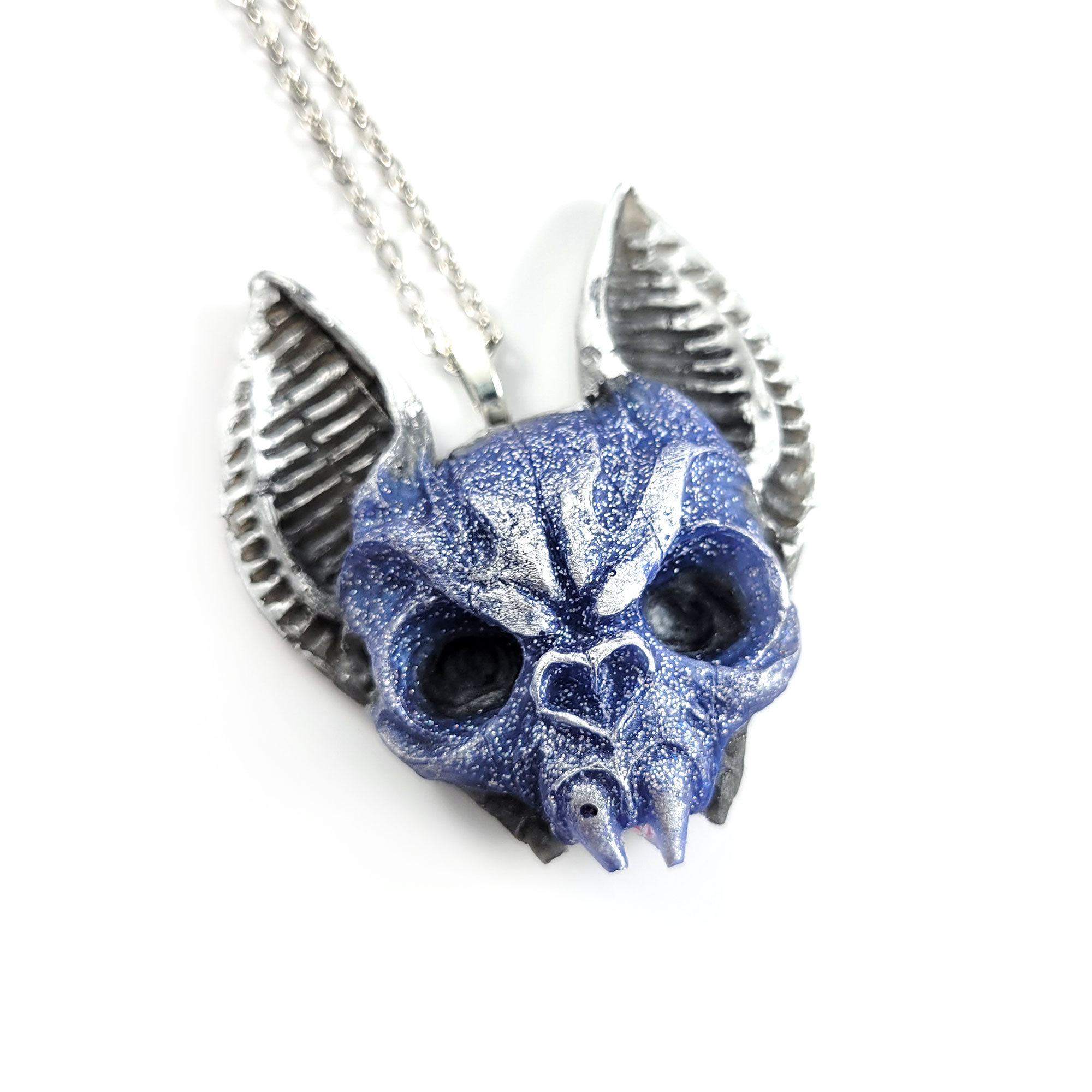 Blue & Silver Flying Death Bat Skull Necklace by Wilde Designs