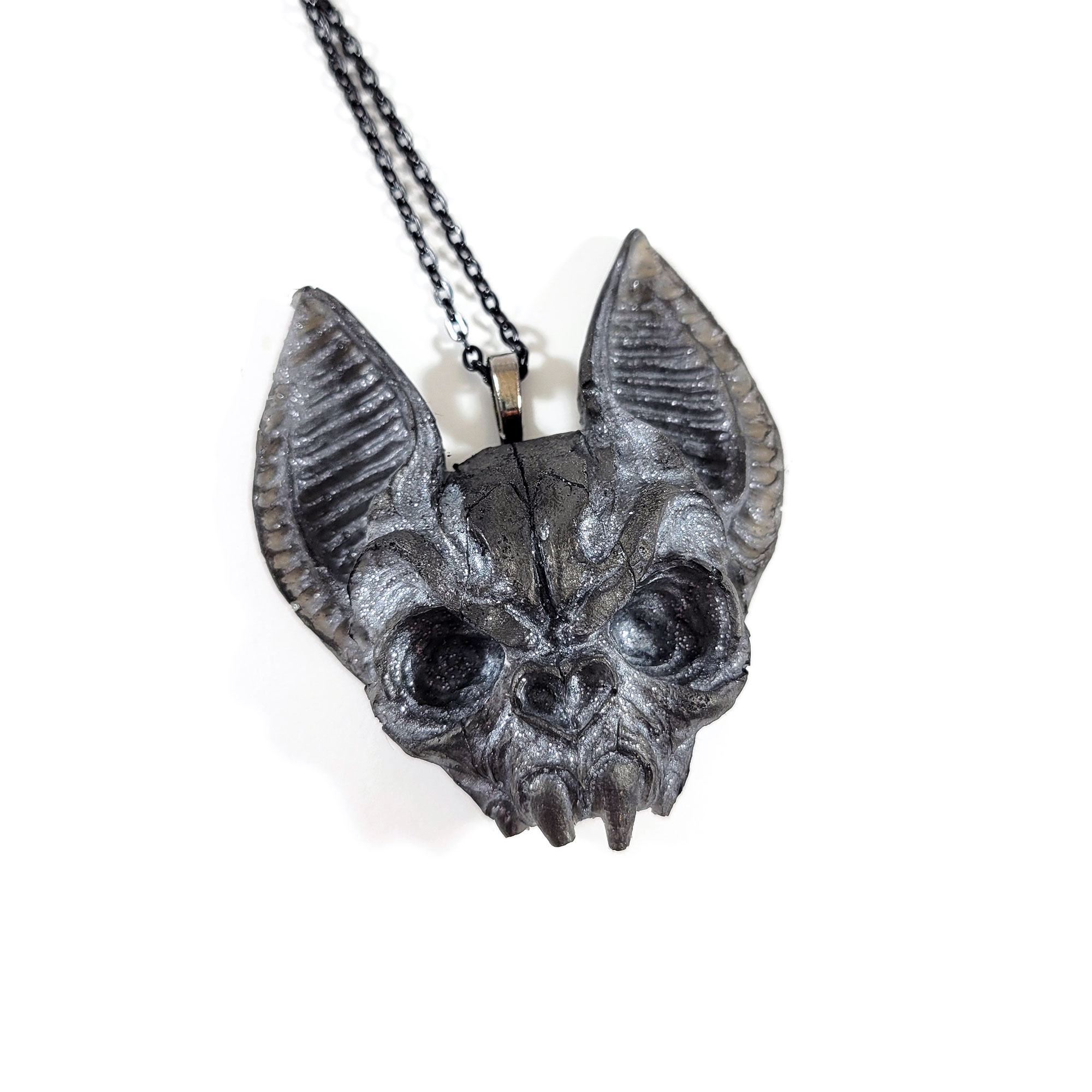 Charcoal Flying Death Bat Skull Necklace by Wilde Designs