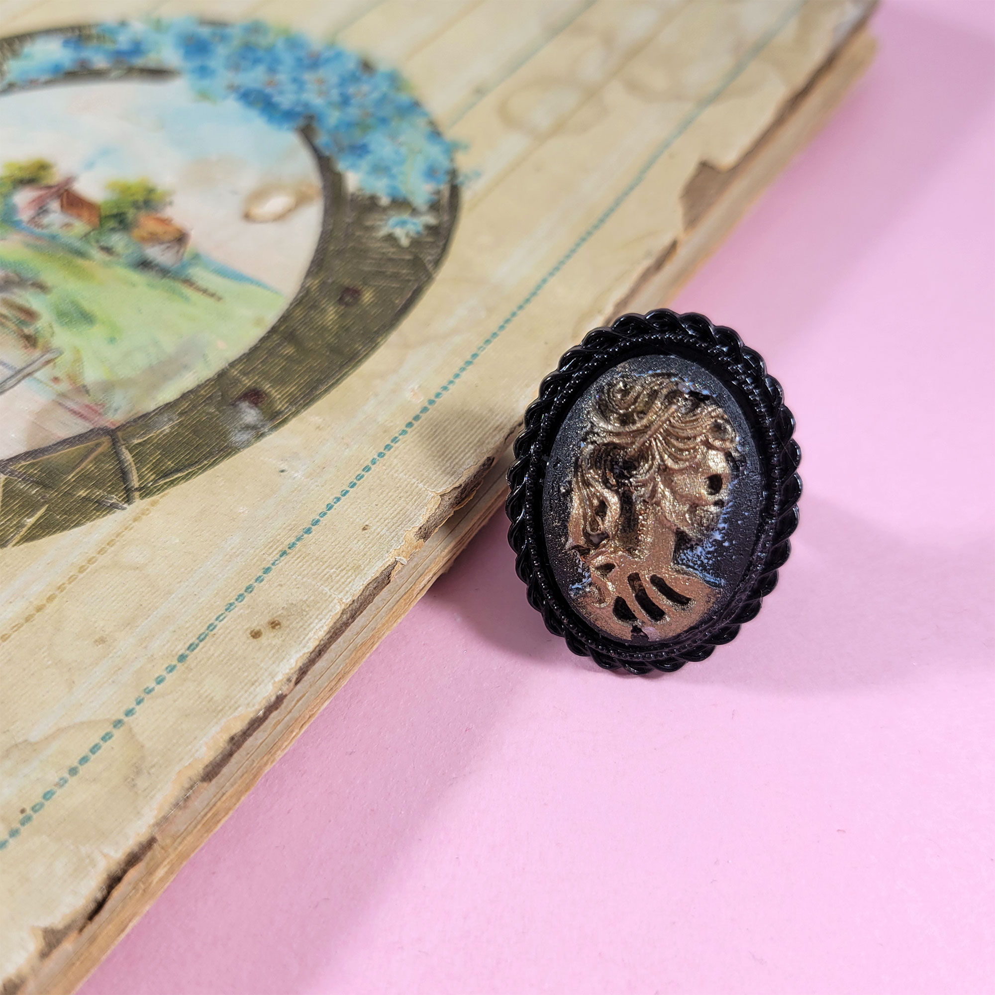 Portrait of a Skeletal Lady Cameo Ring by Wilde Designs