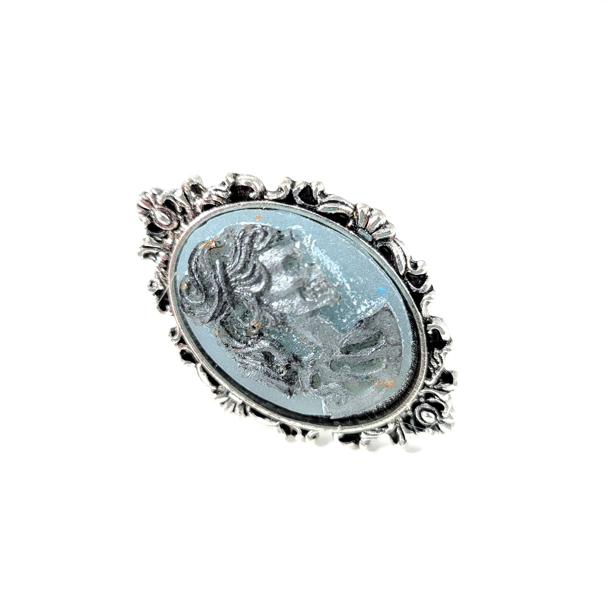 Glow in the Dark Blue & Silver Portrait of a Skeletal Lady Cameo Ring by Wilde Designs