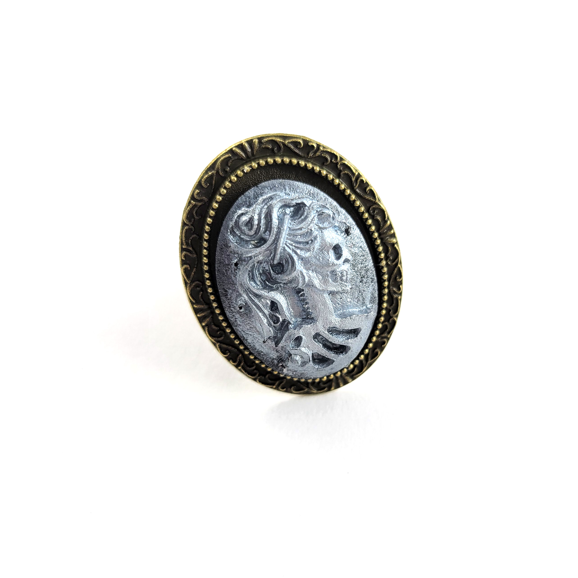 Portrait of a Skeletal Lady Cameo Ring in Silver by Wilde Designs