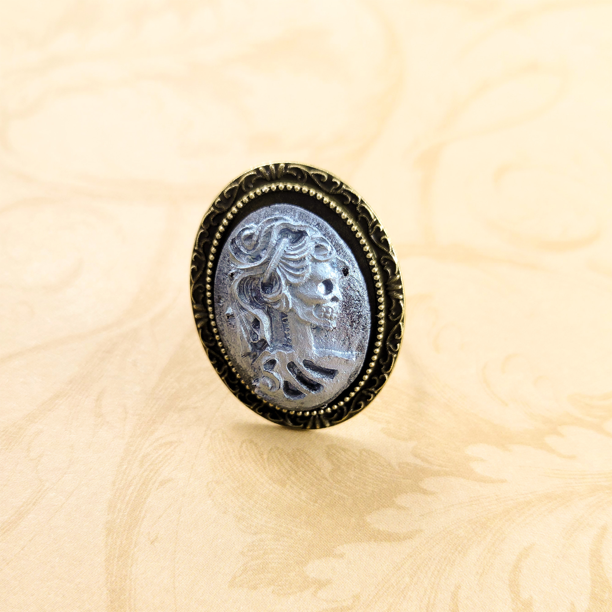 Portrait of a Skeletal Lady Cameo Ring in Silver by Wilde Designs