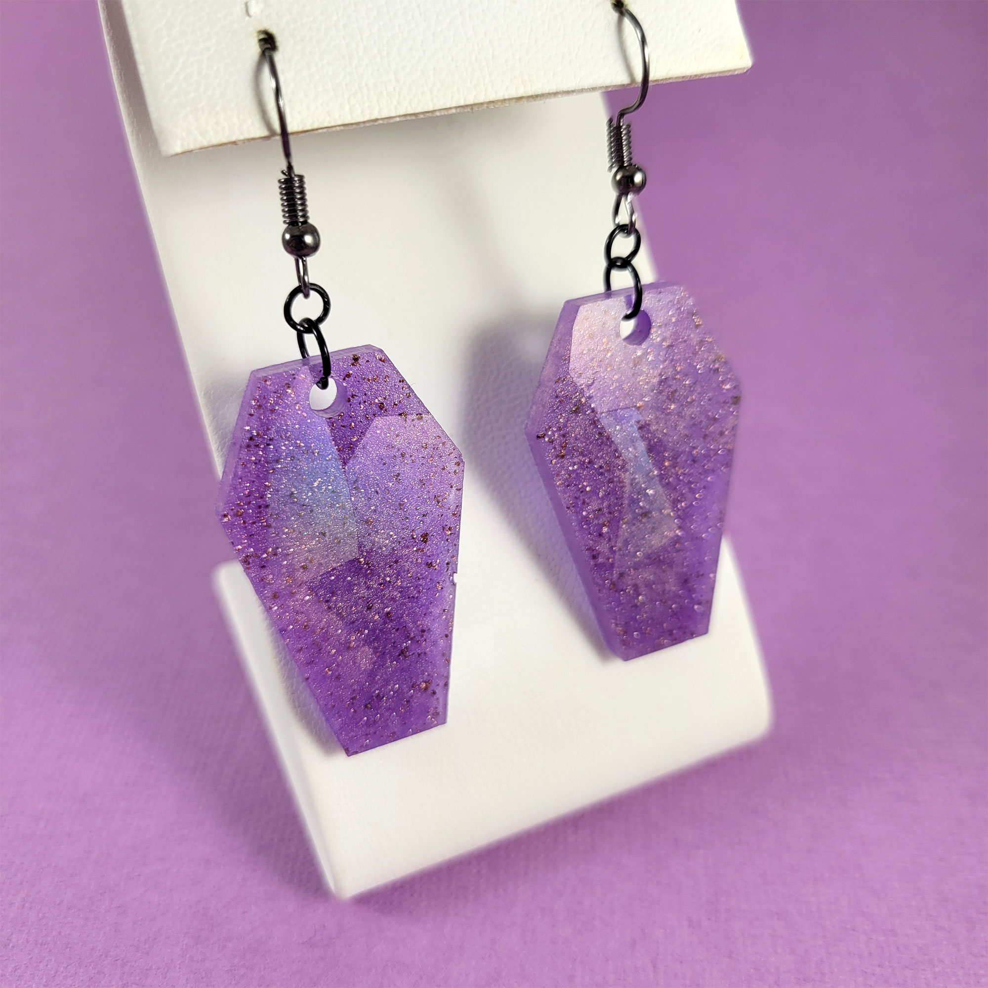 Purple Holographic Mini Coffin Earrings by Wilde Designs