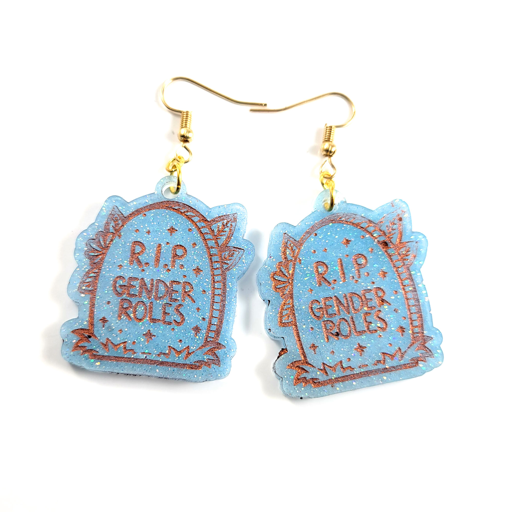 Light Blue and Copper RIP Gender Roles Gravestone Earrings by Wilde Designs
