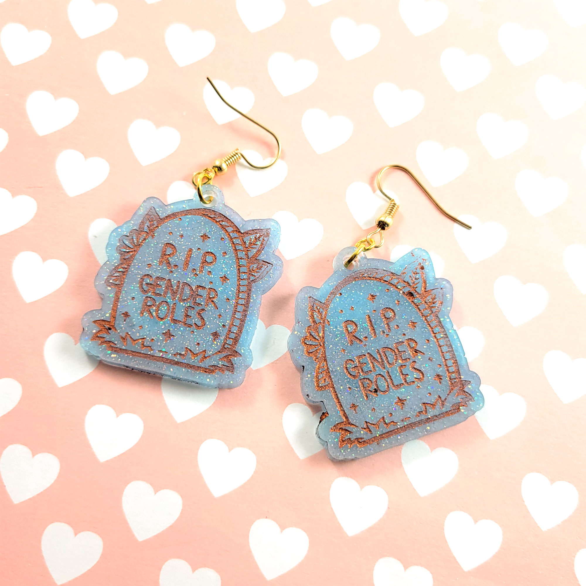 Light Blue and Copper RIP Gender Roles Gravestone Earrings by Wilde Designs