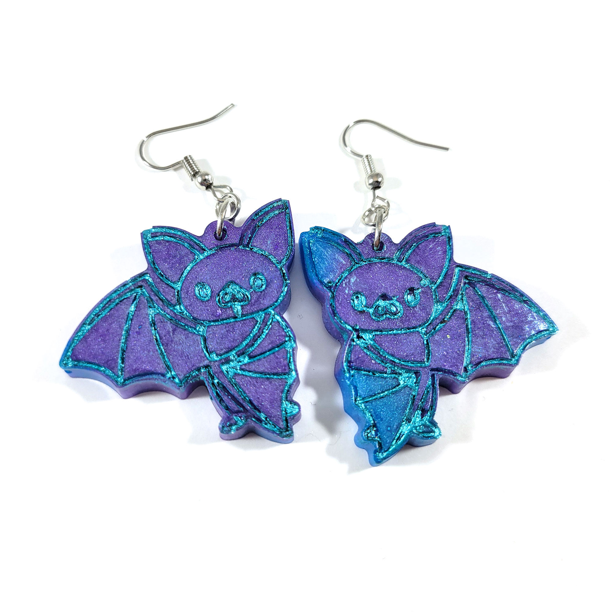 Blue & Purple Flying Baby Bat Earrings by Wilde Designs