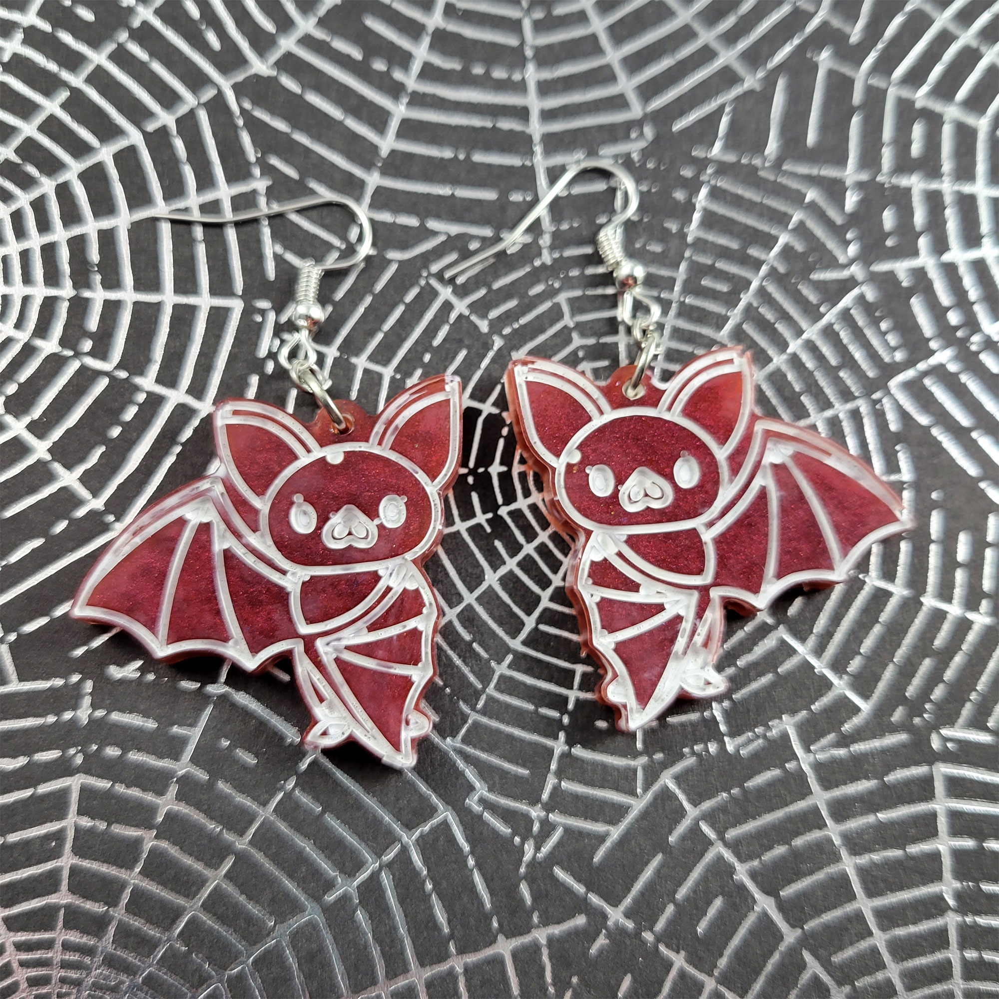 Red & White Flying Baby Bat Earrings by Wilde Designs