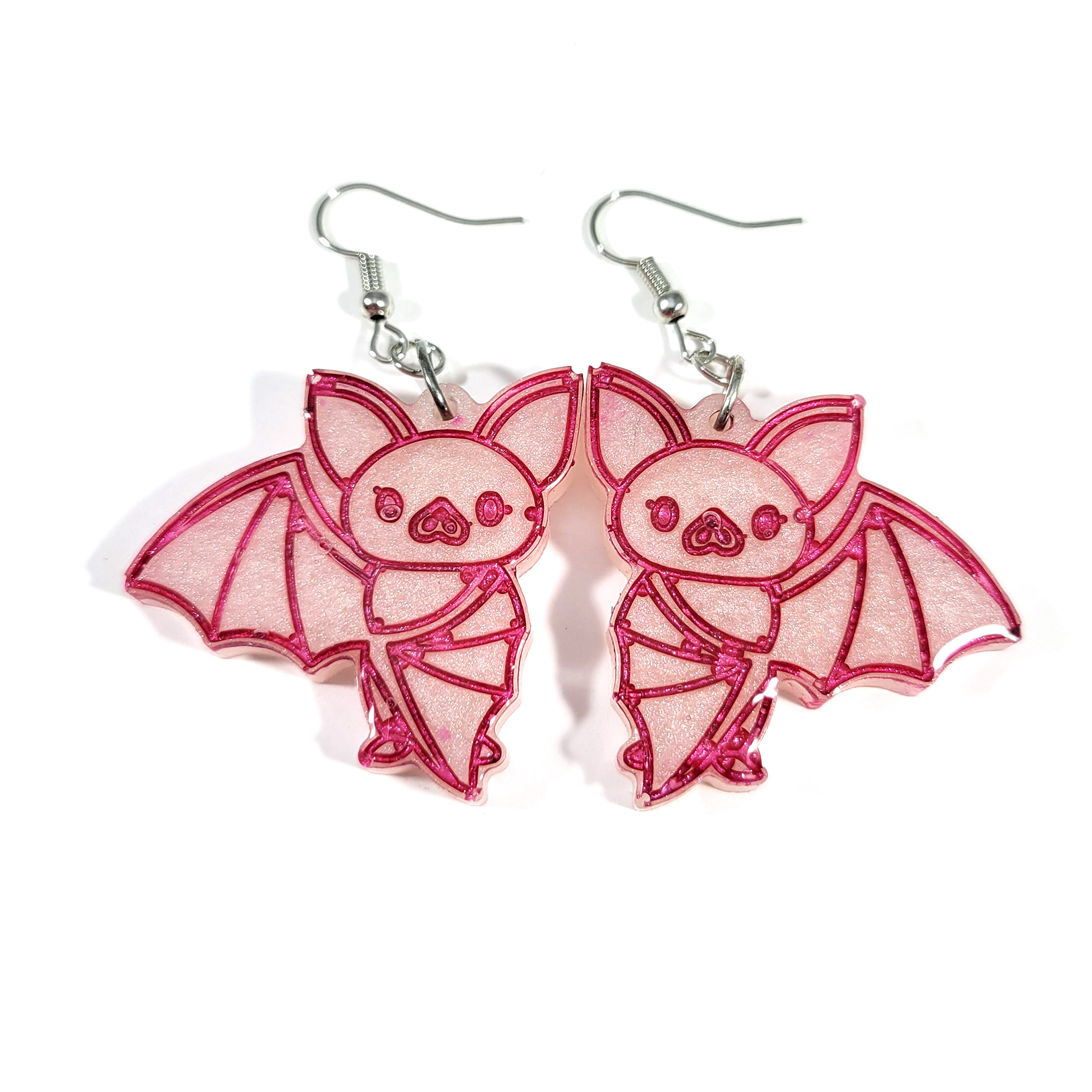 White & Pink Flying Baby Bat Earrings by Wilde Designs