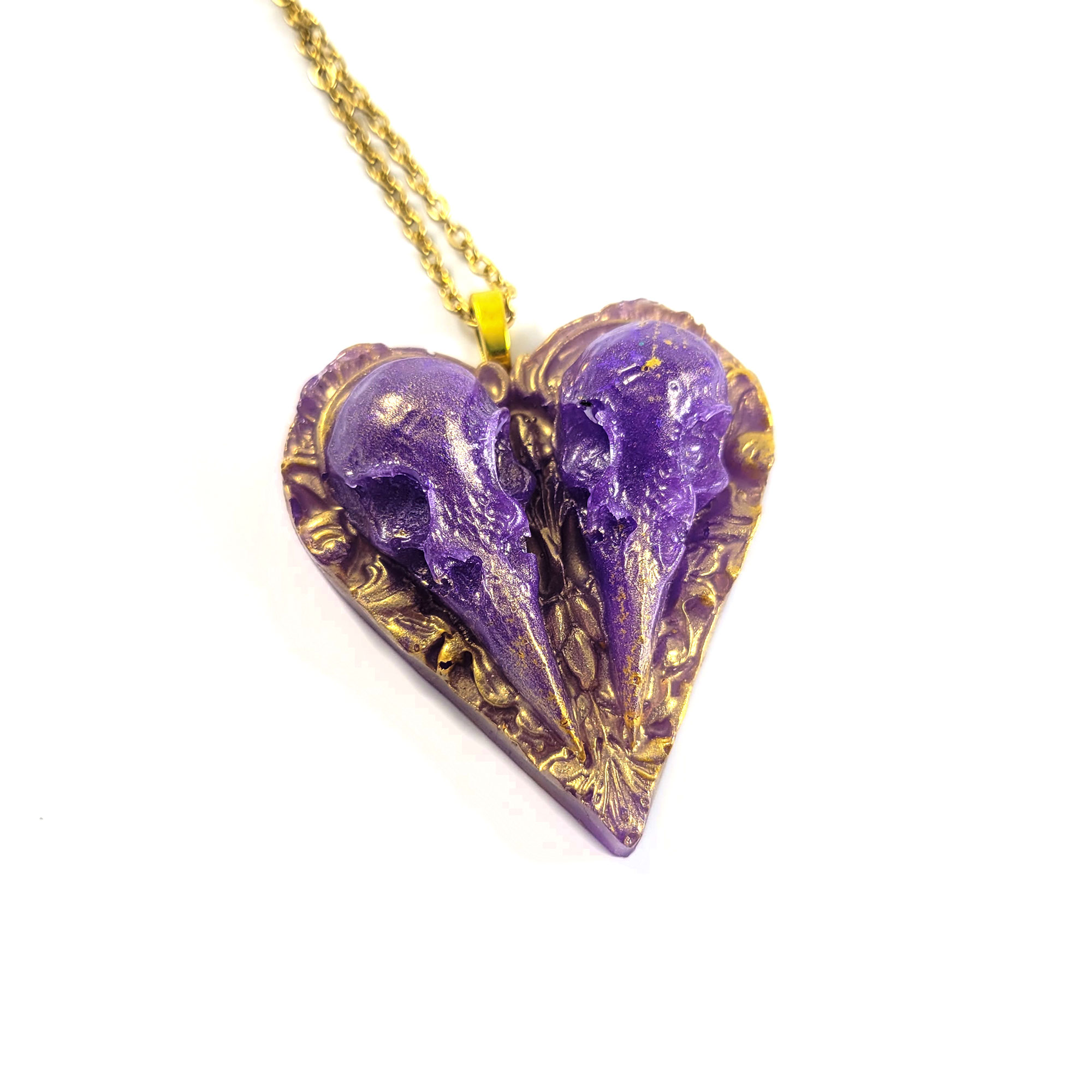 Double Raven Skull Cameo Necklace in Purple & Gold by Wilde Designs