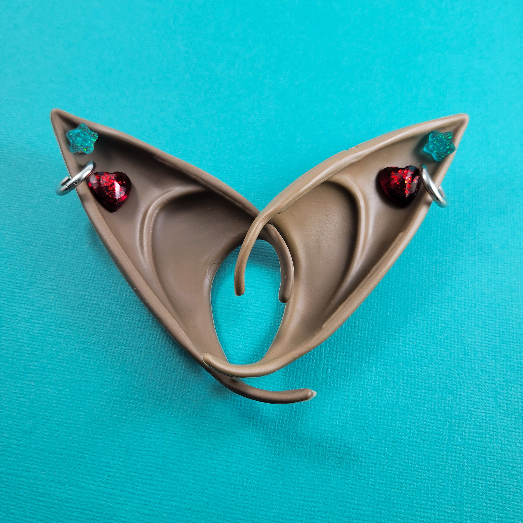 Brown Elf Ears with Teal & Red Earrings by Wilde Designs