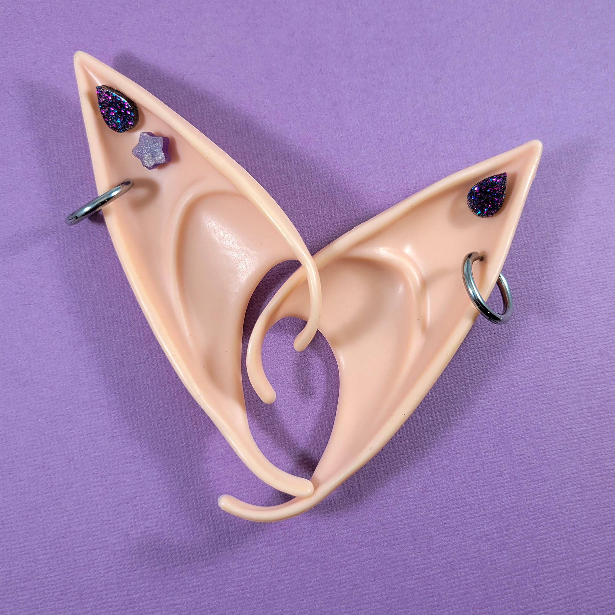 Peach Elf Ears with Purple Earrings by Wilde Designs