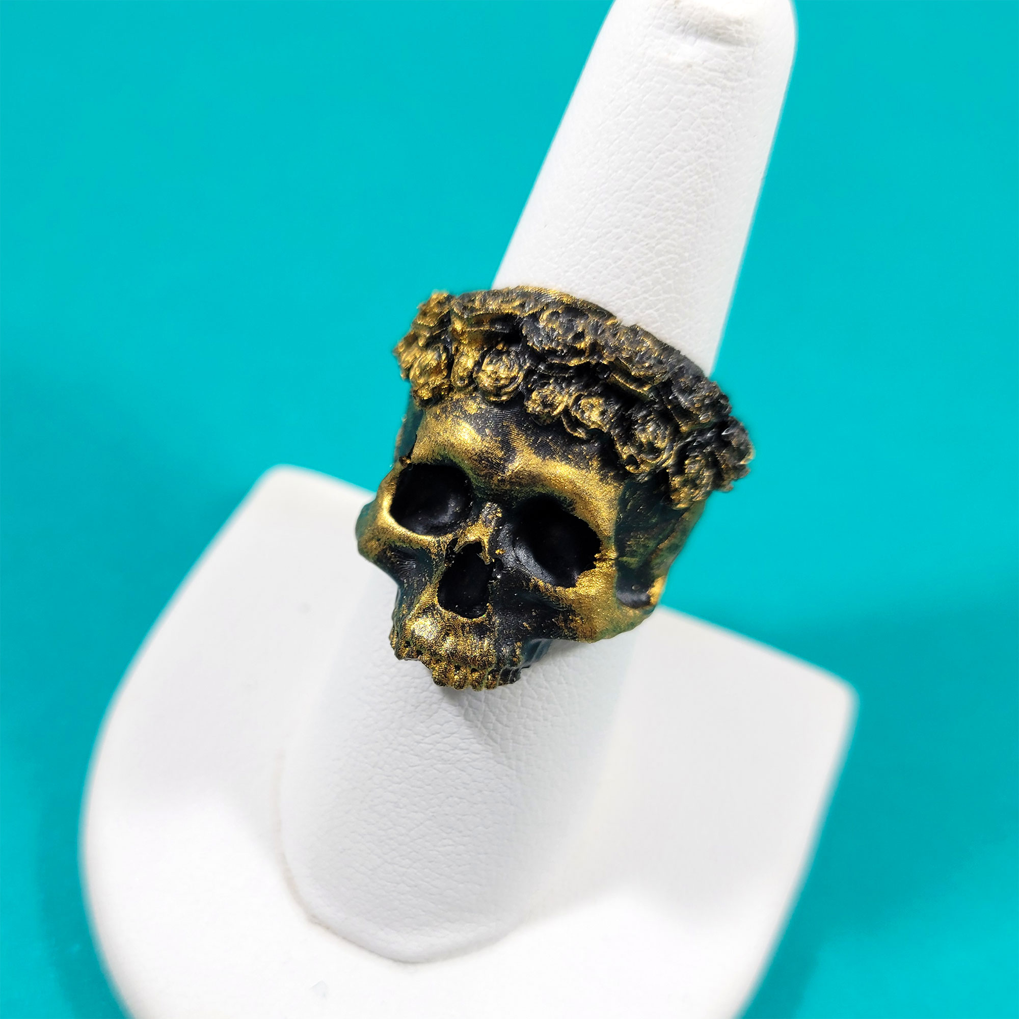 Black & Gold Floral Skull Ring by Wilde Designs
