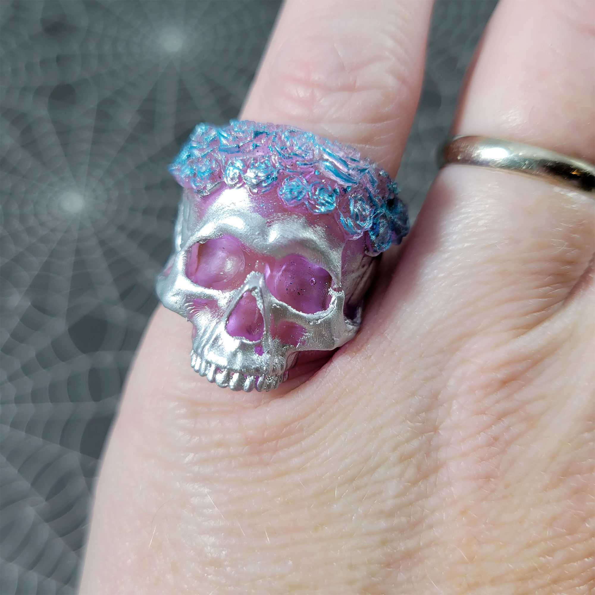 Silver & Purple Floral Skull Ring by Wilde Designs