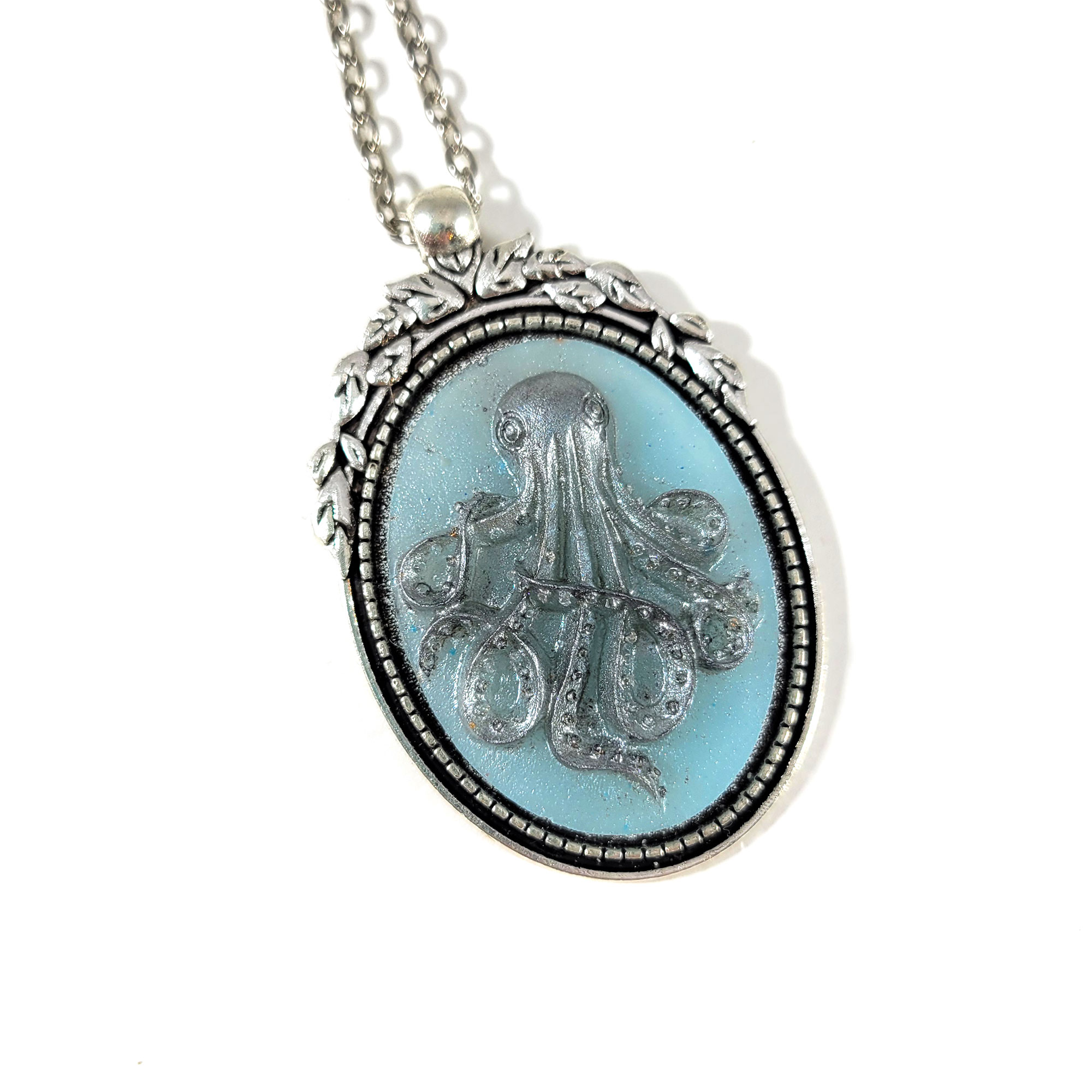 Glow in the Dark Blue The Kraken Awakes Octopus Cameo Necklace by Wilde Designs