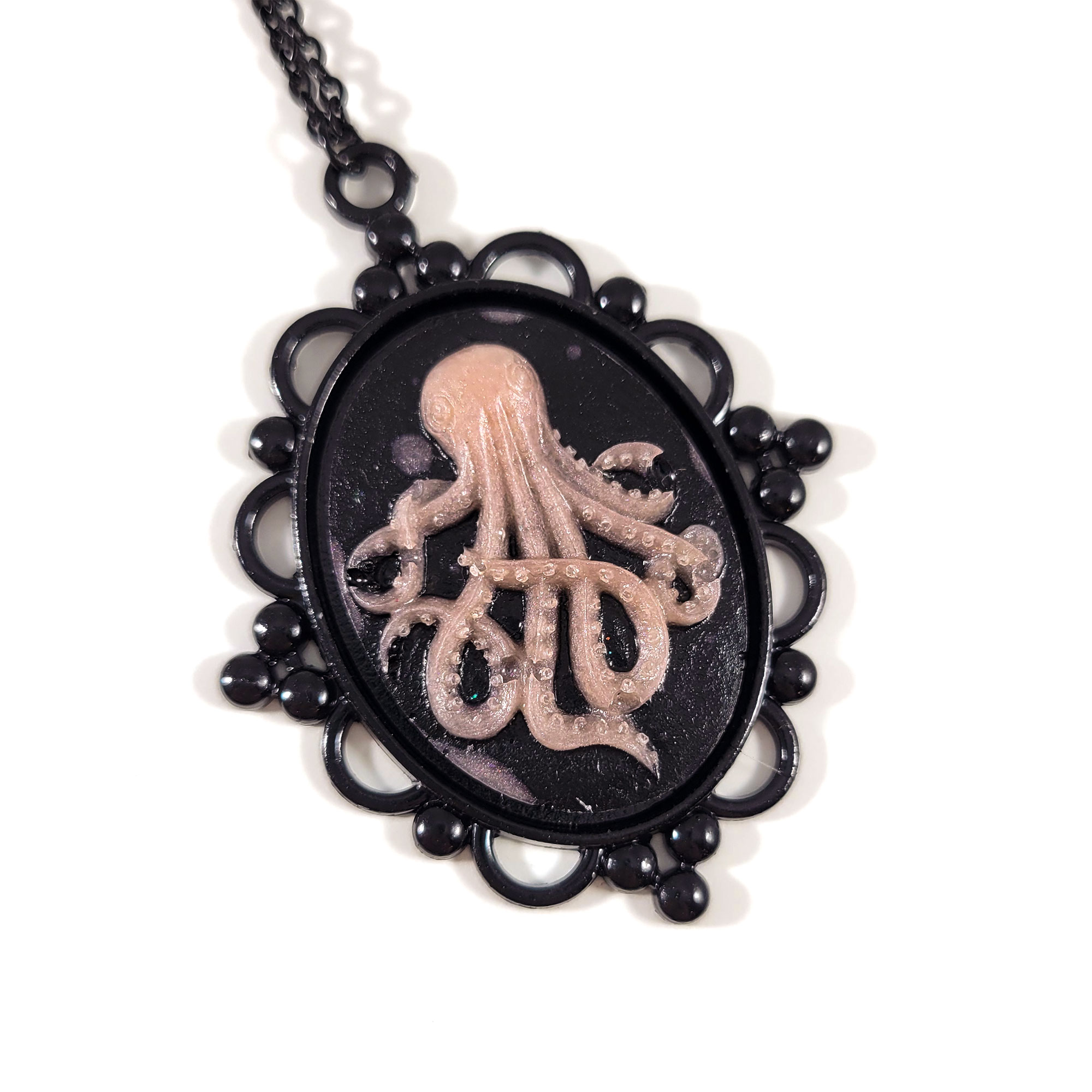 Pink & Black The Kraken Awakes Octopus Cameo Necklace by Wilde Designs