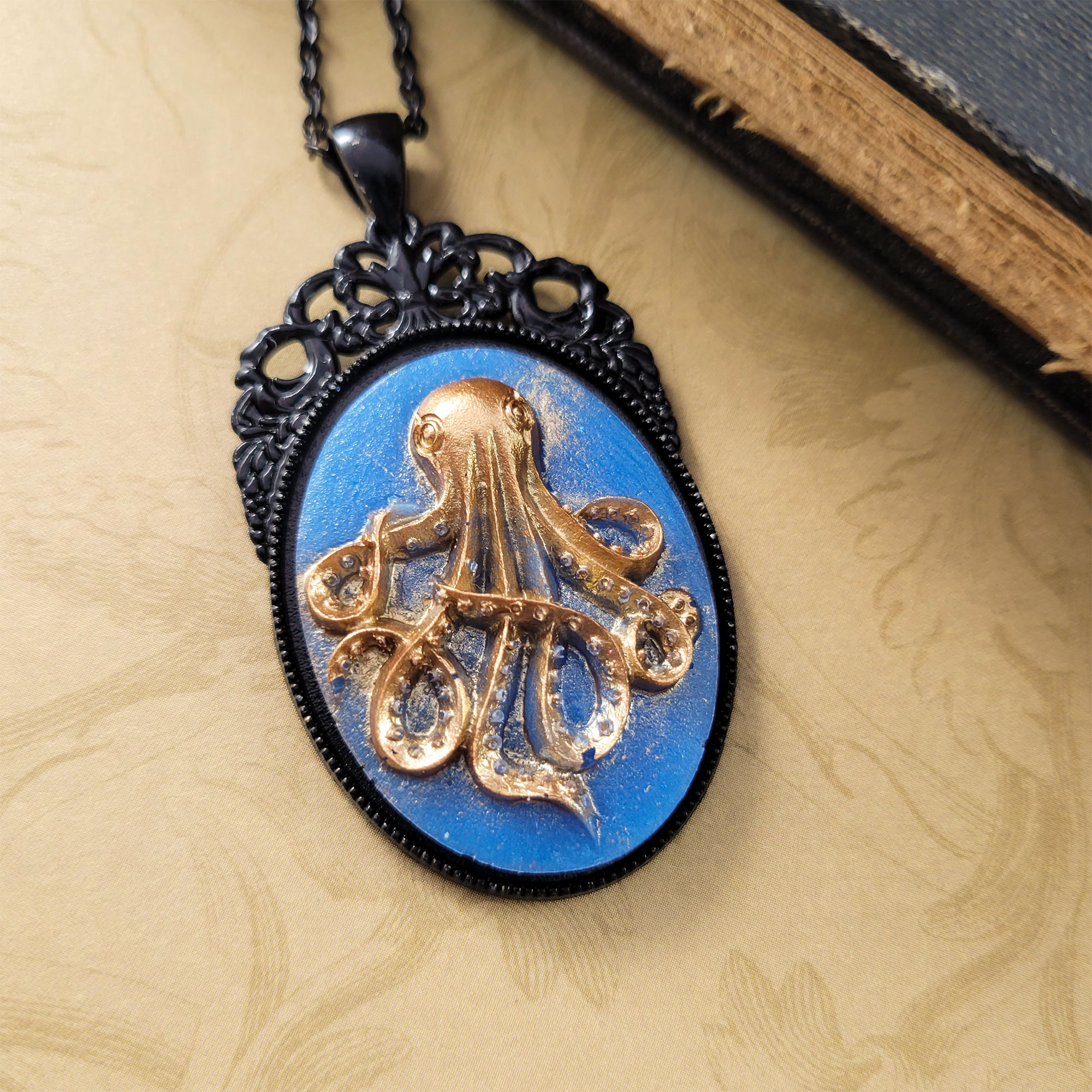 The Kraken Awakes Octopus Cameo Necklace in Gold & Blue by Wilde Designs