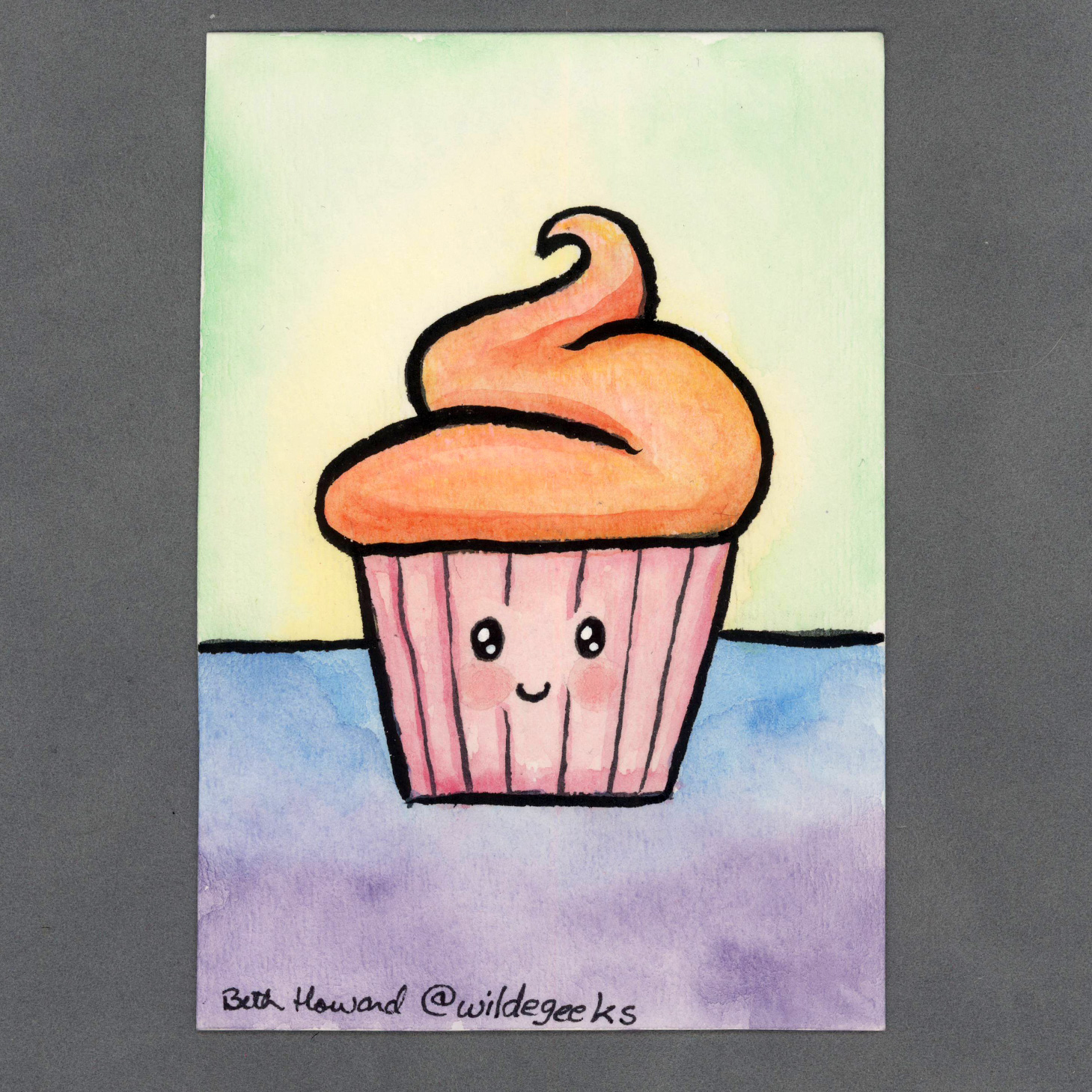 Kawaii Cupcake in Pink Watercolor Card by Wilde Designs