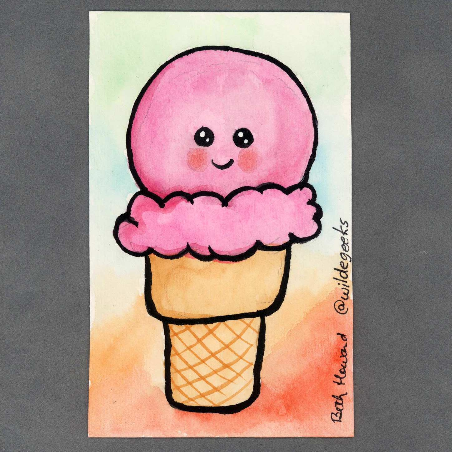 Kawaii Ice Cream in Pink Watercolor Card by Wilde Designs