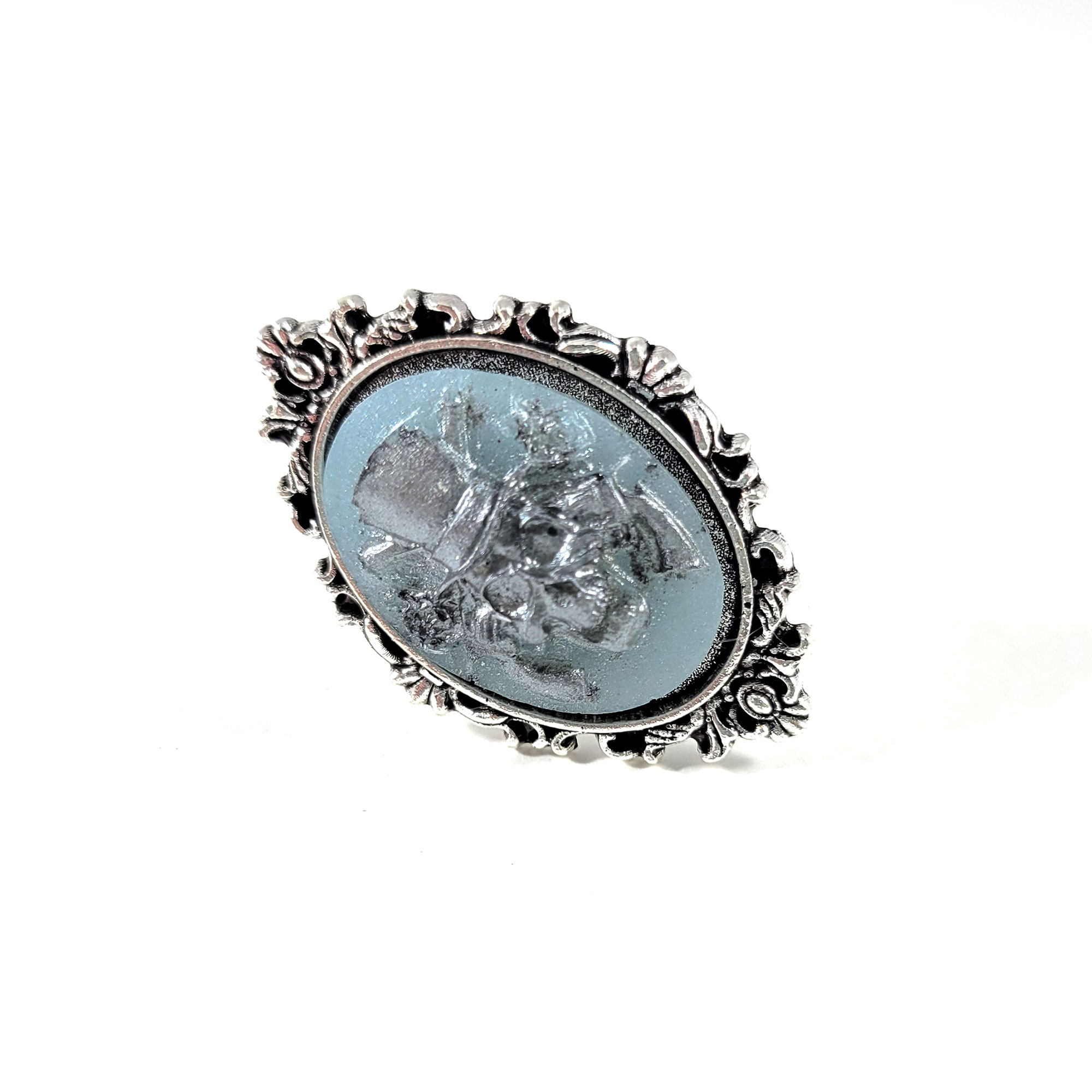 Glow in the Dark Blue & Silver Hard Rock Skull Cameo Ring by Wilde Designs